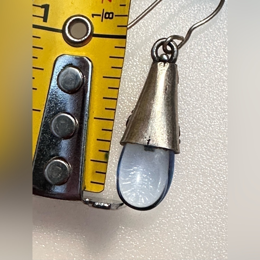 Sterling Silver Hook Dangle Earrings Blue Glass Teardrop Stone 1971 L - Picture 5 of 11